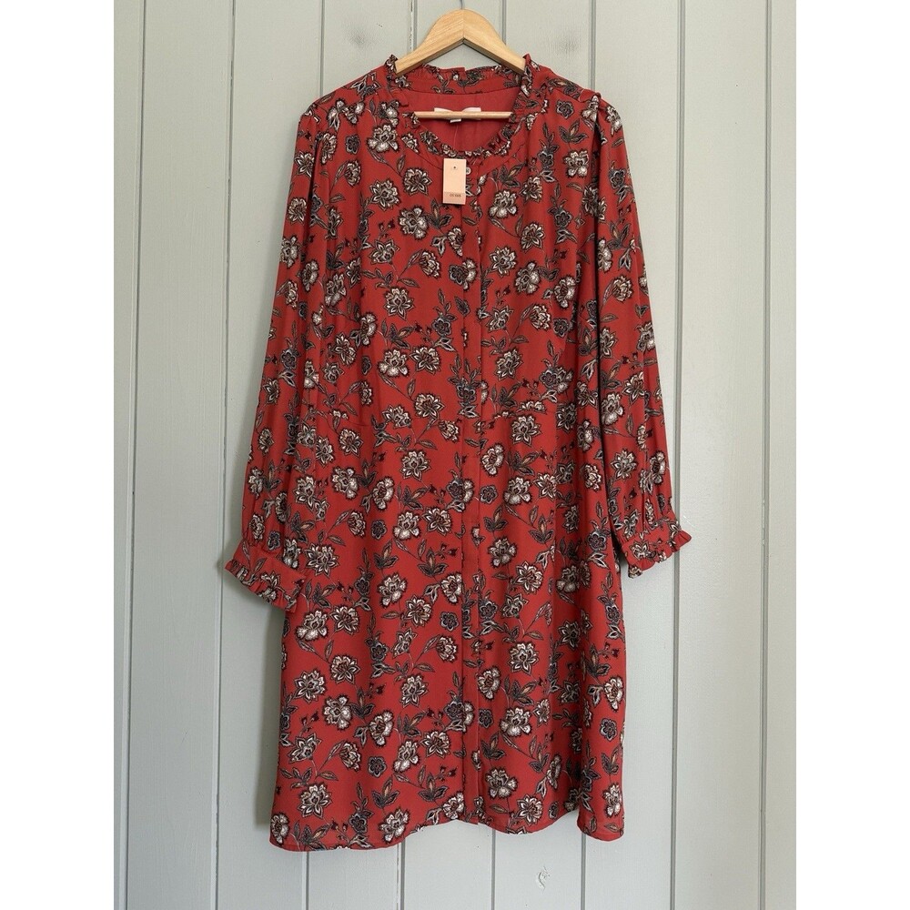 LOFT Rust Floral Button-Front Long Sleeve Dress